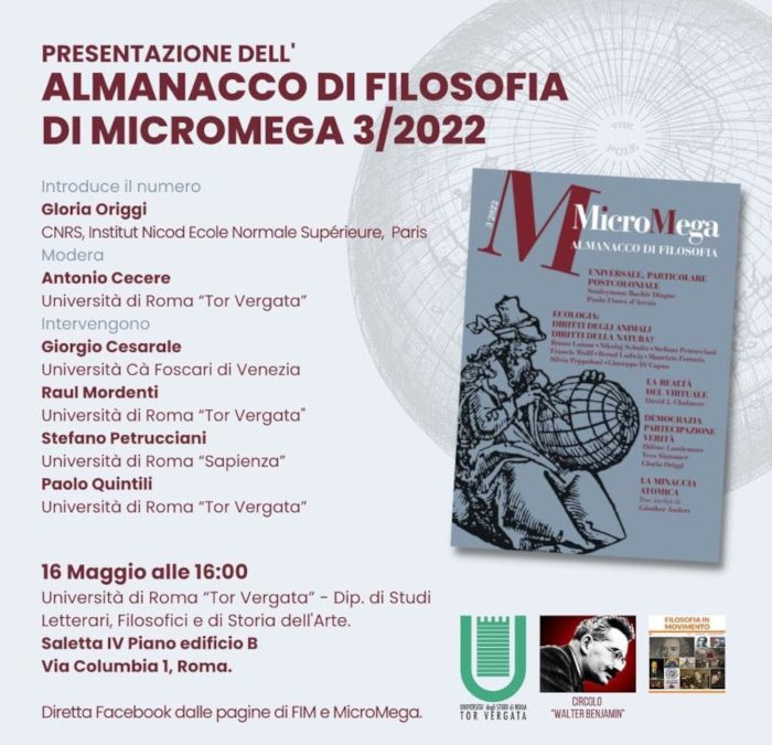Presentazione dell’almanacco di filosofia di MicroMega  16 maggio 2022