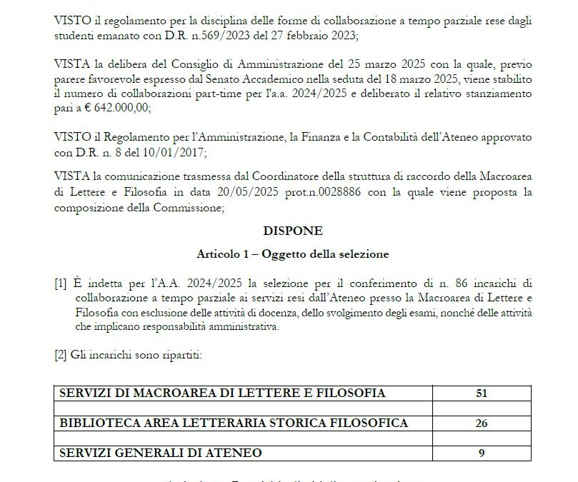 Bando per collaborazioni a tempo parziale a.a. 2024/2025